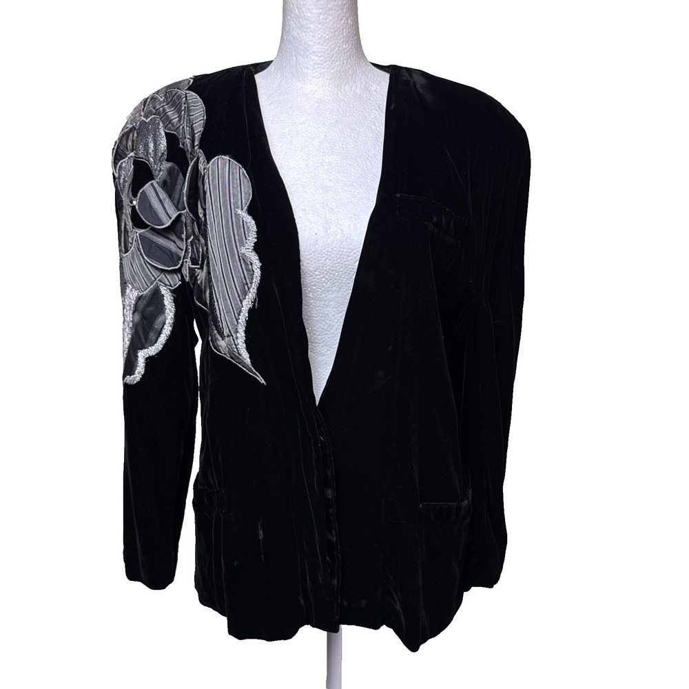 Vintage Krizia Italy Black Velvet‎ Blazer Floral Applique Evening Jacket 44 8/10